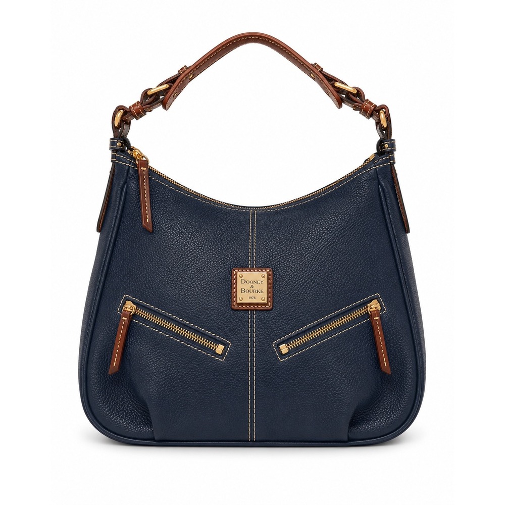 Dooney & Bourke Womens Hobo Bag Navy Blue Pebbled Leather Classic Zip Pockets
